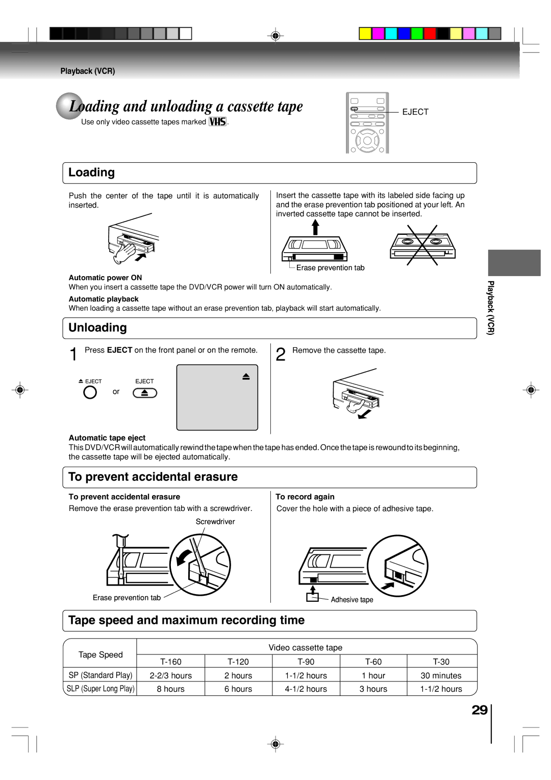 Toshiba SD-V393SU manual Loading and unloading a cassette tape, Unloading, To prevent accidental erasure 