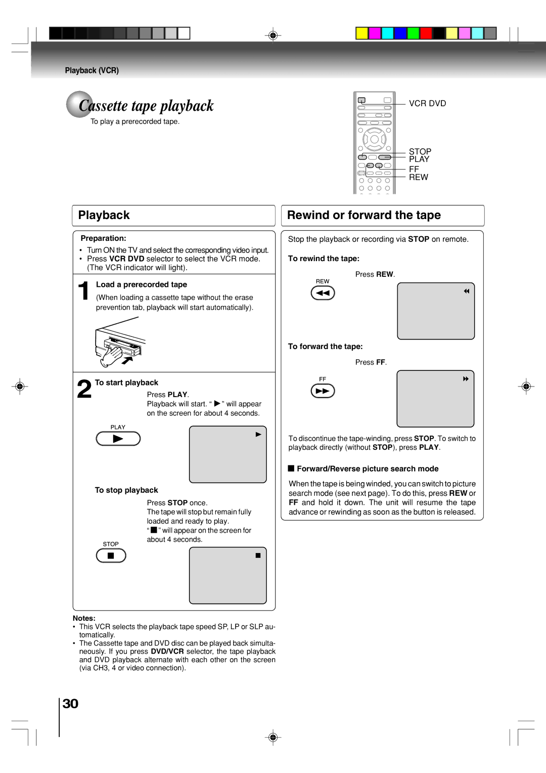 Toshiba SD-V393SU manual Cassette tape playback, Playback, Rewind or forward the tape 