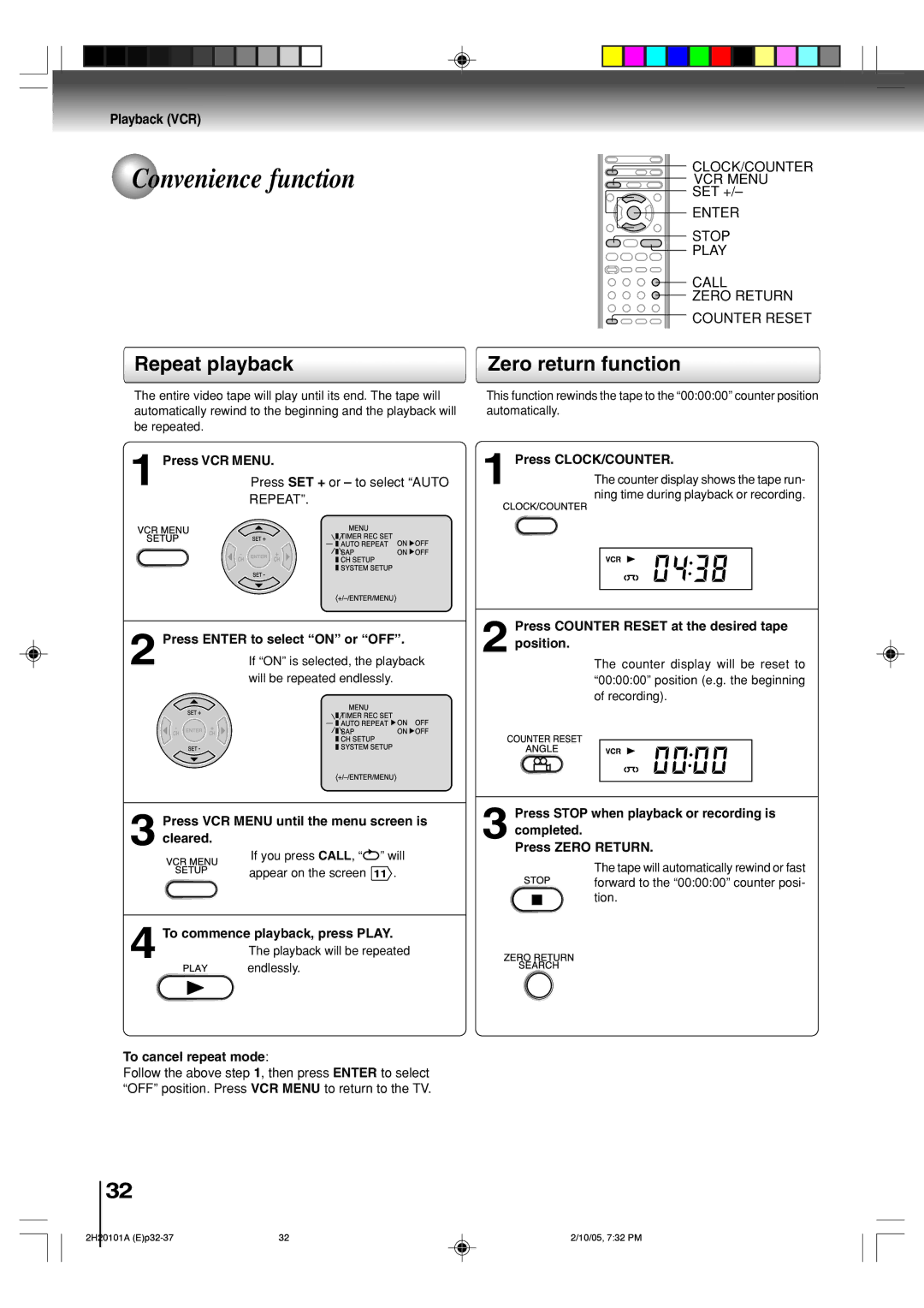 Toshiba SD-V393SU manual Convenience function, Repeat playback Zero return function 