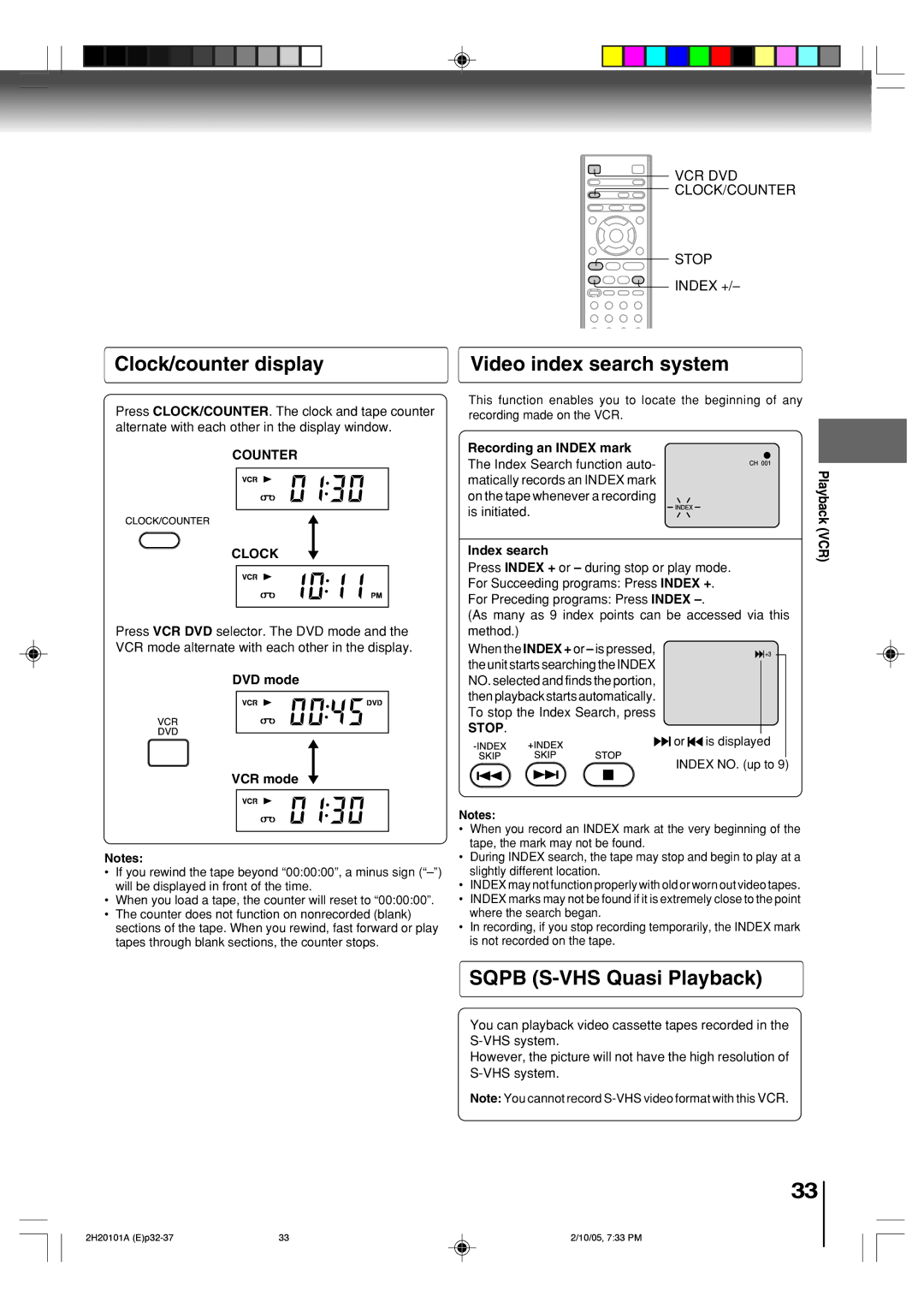 Toshiba SD-V393SU manual Clock/counter display Video index search system, Sqpb S-VHS Quasi Playback, DVD mode VCR mode 