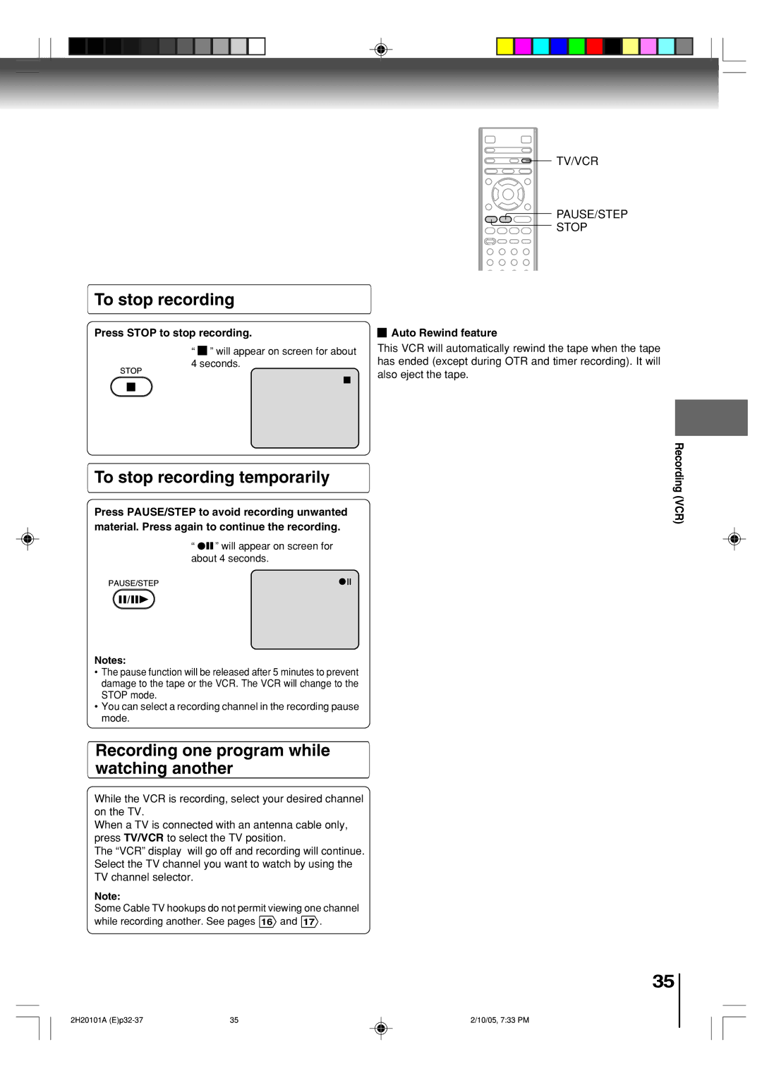 Toshiba SD-V393SU manual To stop recording temporarily, Recording one program while watching another 