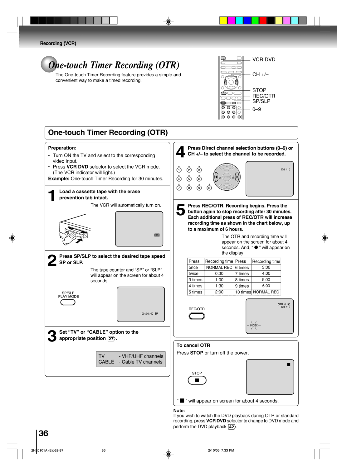 Toshiba SD-V393SU manual One-touch Timer Recording OTR 