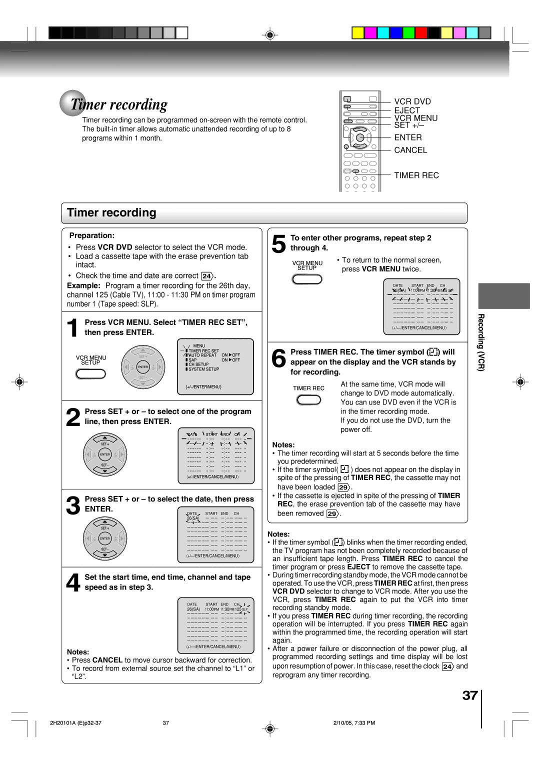 Toshiba SD-V393SU manual Timer recording, Press SET + or Ð to select the date, then press 