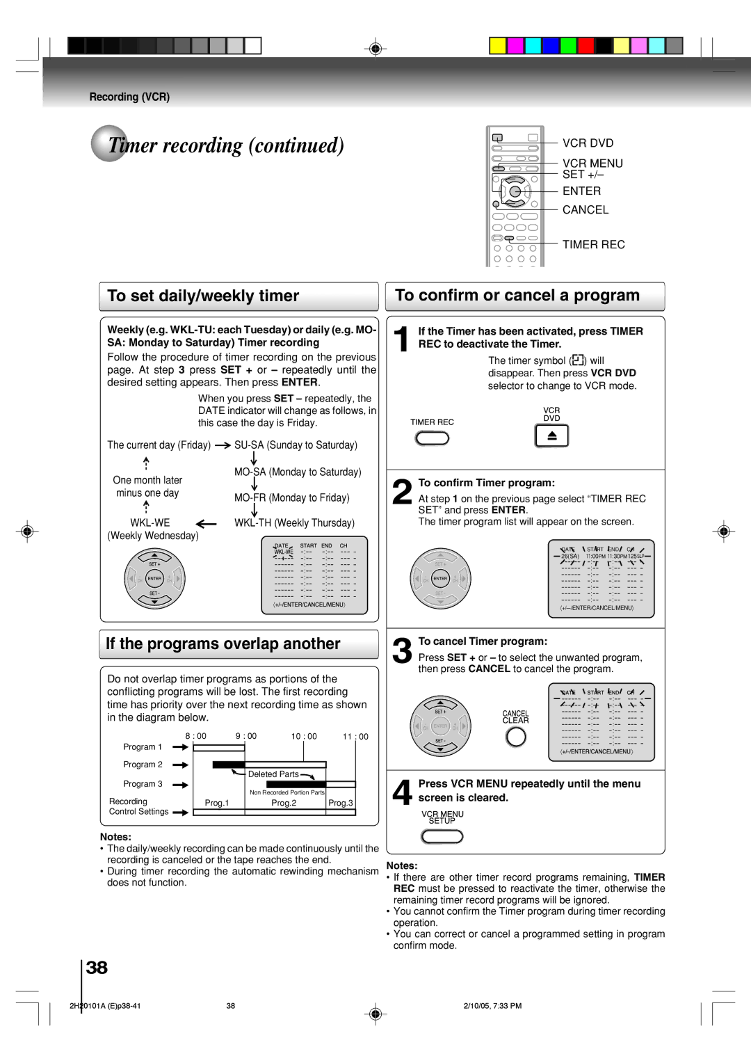 Toshiba SD-V393SU manual To confirm or cancel a program, If the programs overlap another, To confirm Timer program 