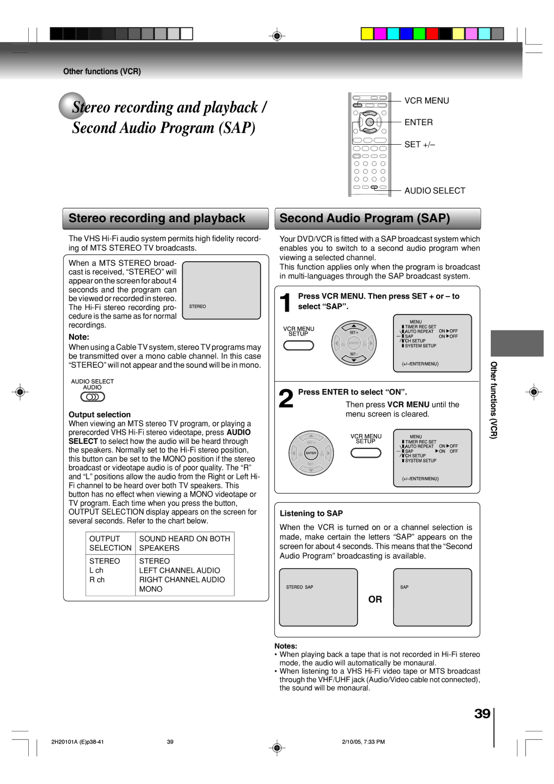 Toshiba SD-V393SU manual Stereo recording and playback Second Audio Program SAP, Other functions VCR, Output selection 