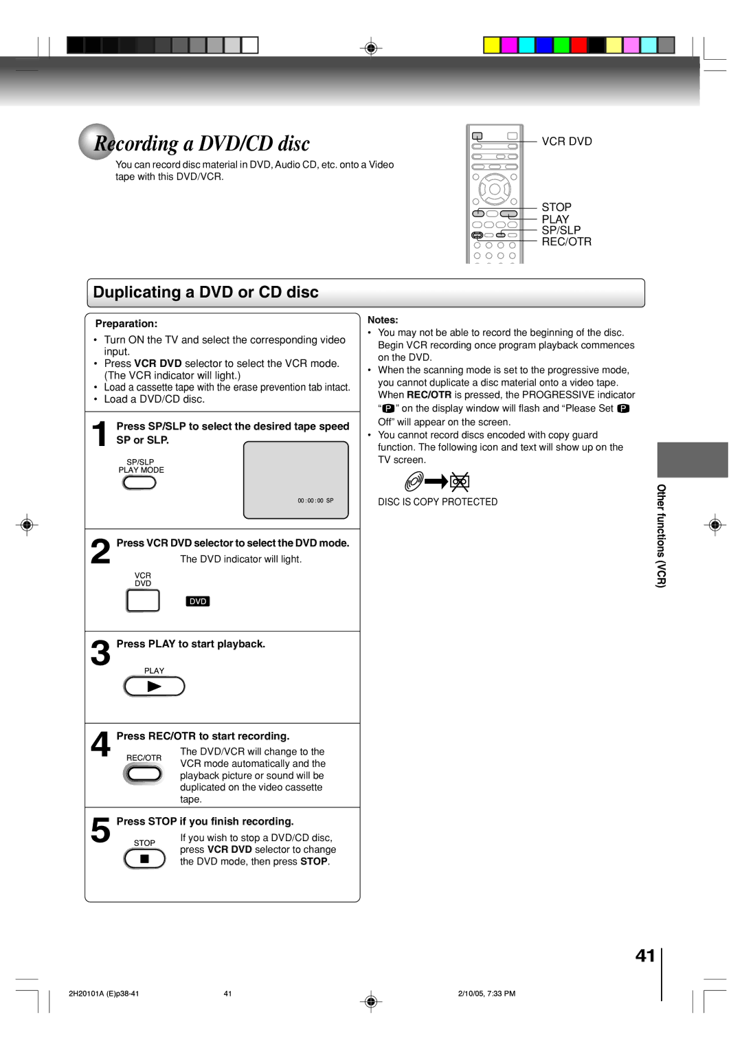 Toshiba SD-V393SU manual Recording a DVD/CD disc, Duplicating a DVD or CD disc 