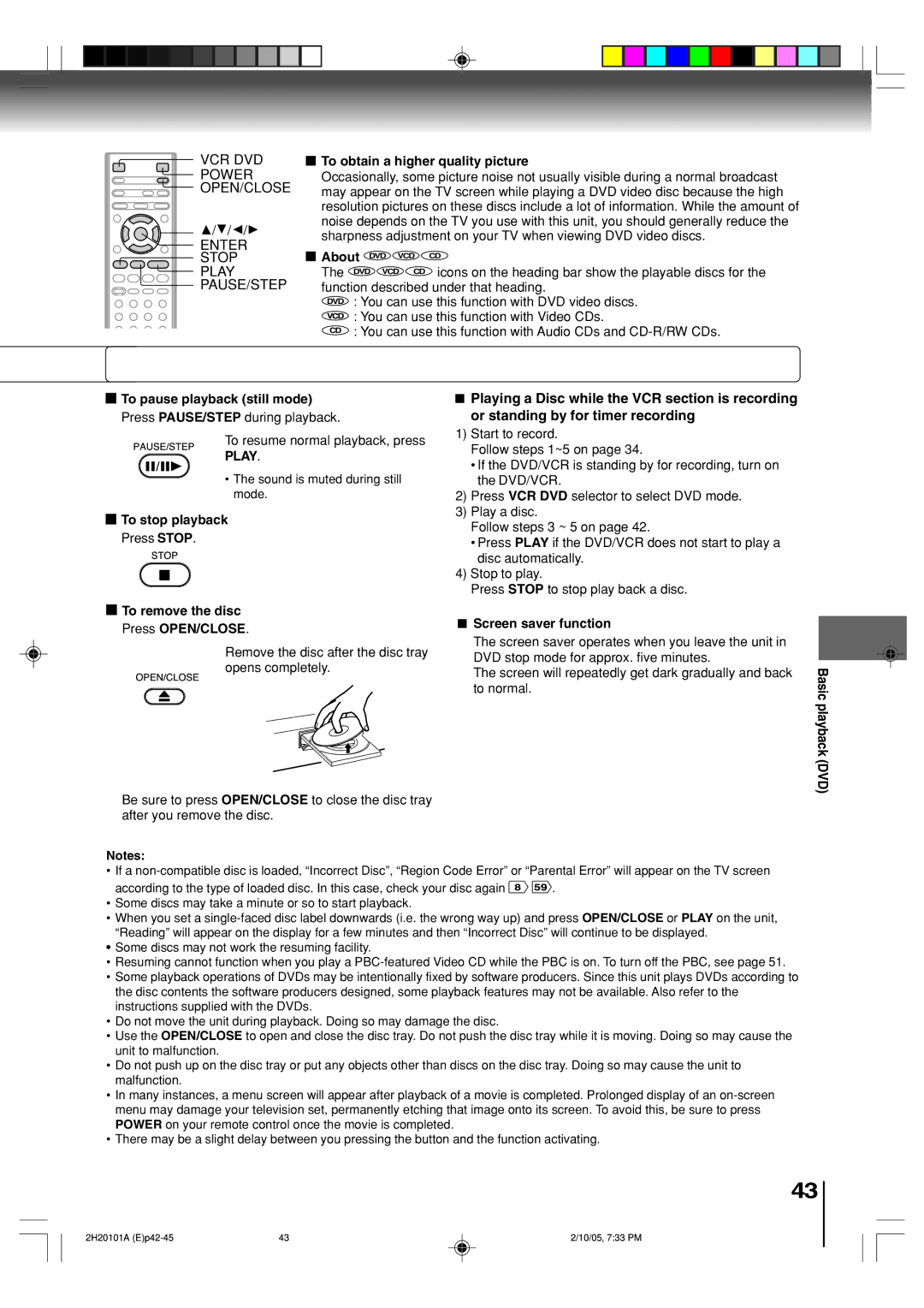 Toshiba SD-V393SU To obtain a higher quality picture, To pause playback still mode, To remove the disc Press OPEN/CLOSE 