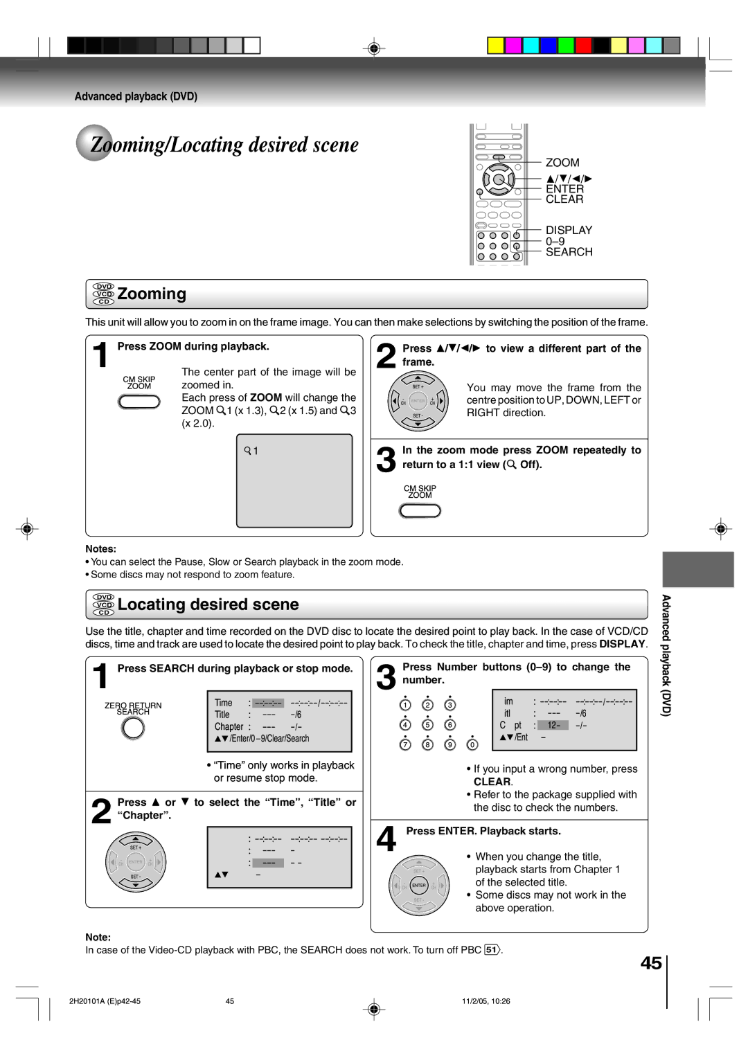 Toshiba SD-V393SU manual Zooming/Locating desired scene, VCD Zooming, VCD Locating desired scene, Advanced playback DVD 