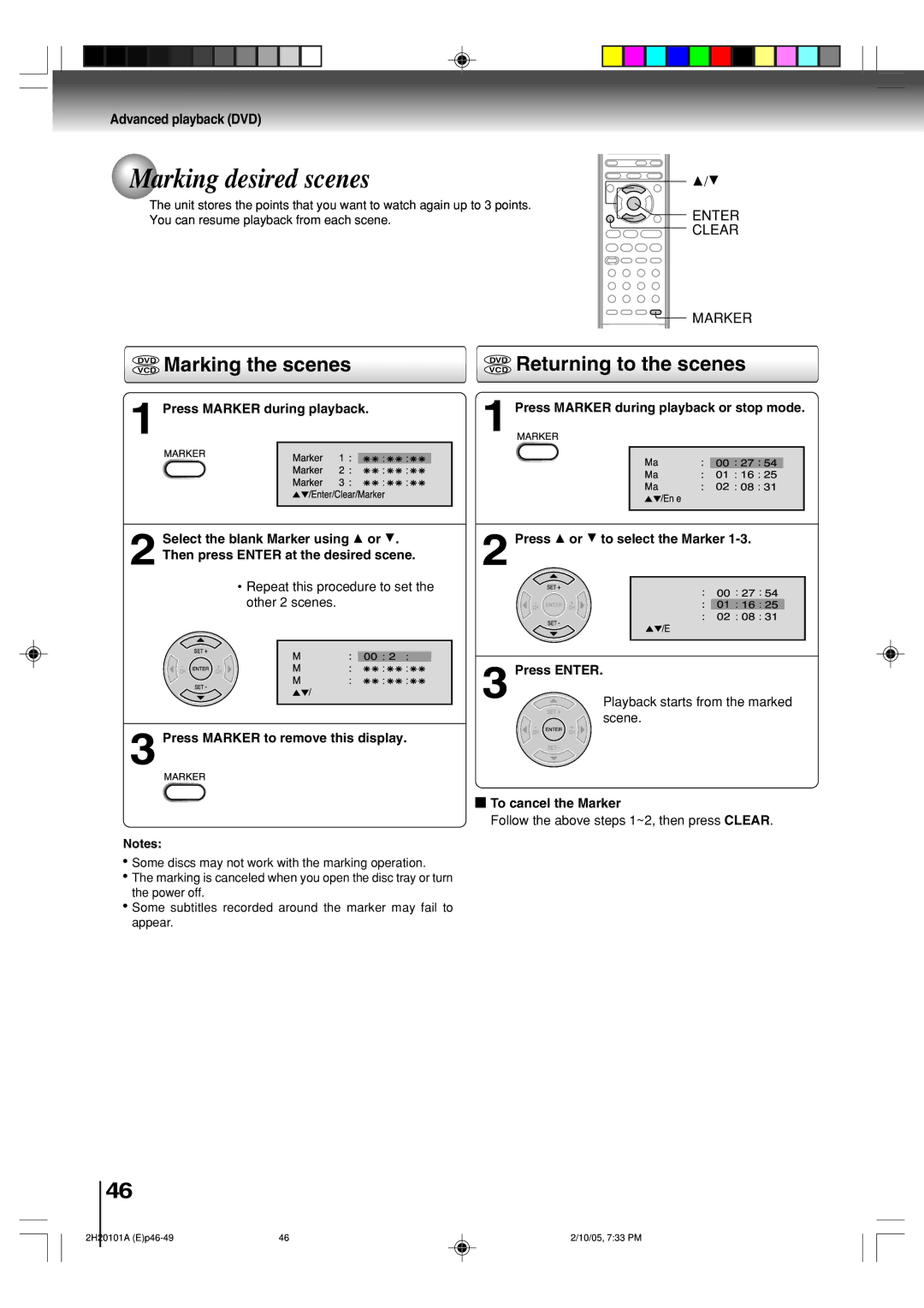 Toshiba SD-V393SU Marking desired scenes, Vcddvd Marking the scenes, Vcddvd Returning to the scenes, To cancel the Marker 