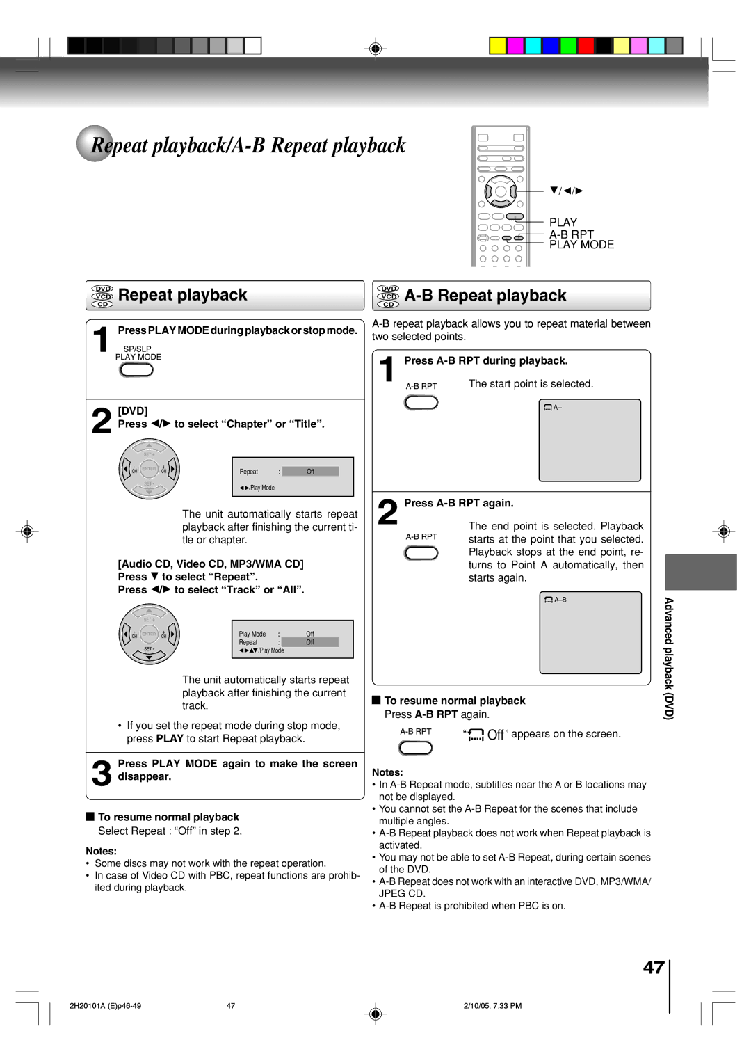 Toshiba SD-V393SU manual Repeat playback/A-B Repeat playback, VCD Repeat playback, VCD A-B Repeat playback 