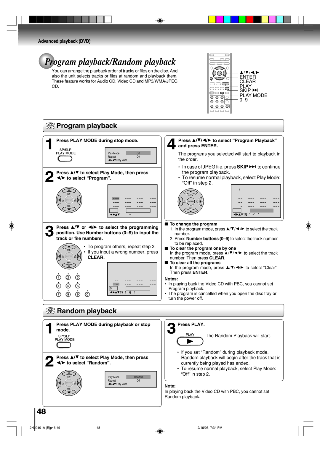 Toshiba SD-V393SU manual Program playback/Random playback, Vcdcd Program playback, VCD Random playback 