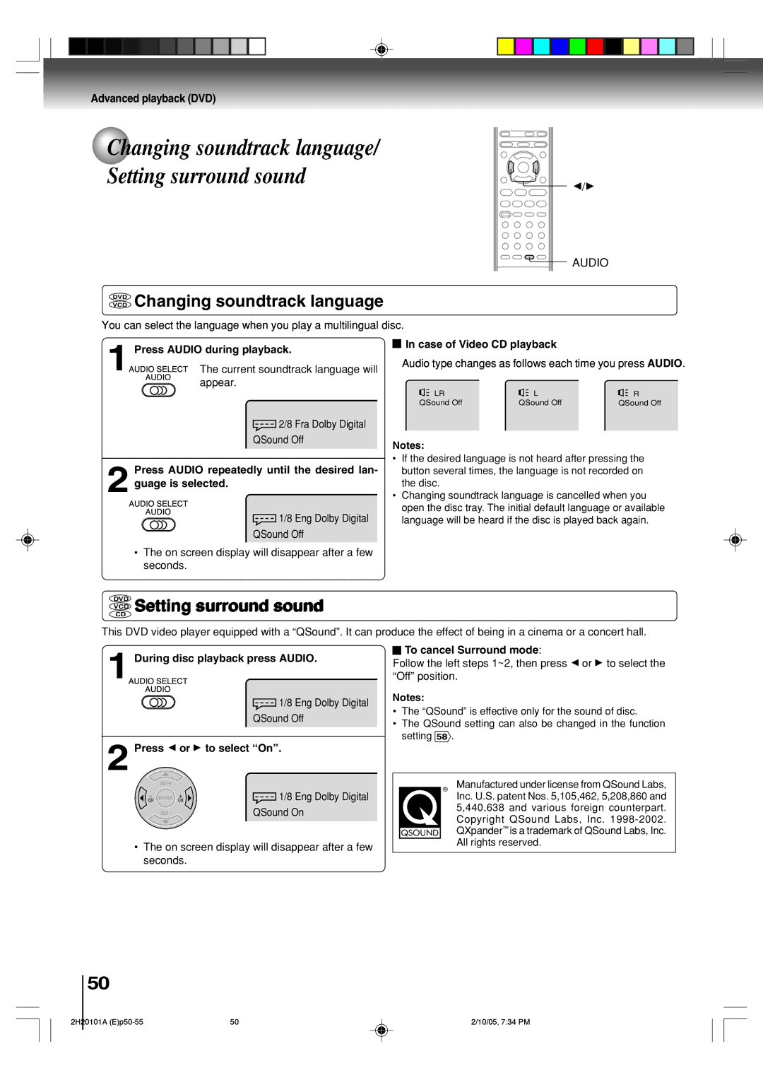 Toshiba SD-V393SU manual Changing soundtrack language Setting surround sound, DVD Changing soundtrack language 