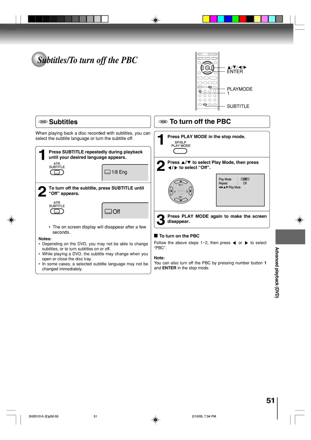 Toshiba SD-V393SU manual Subtitles/To turn off the PBC, DVD Subtitles 