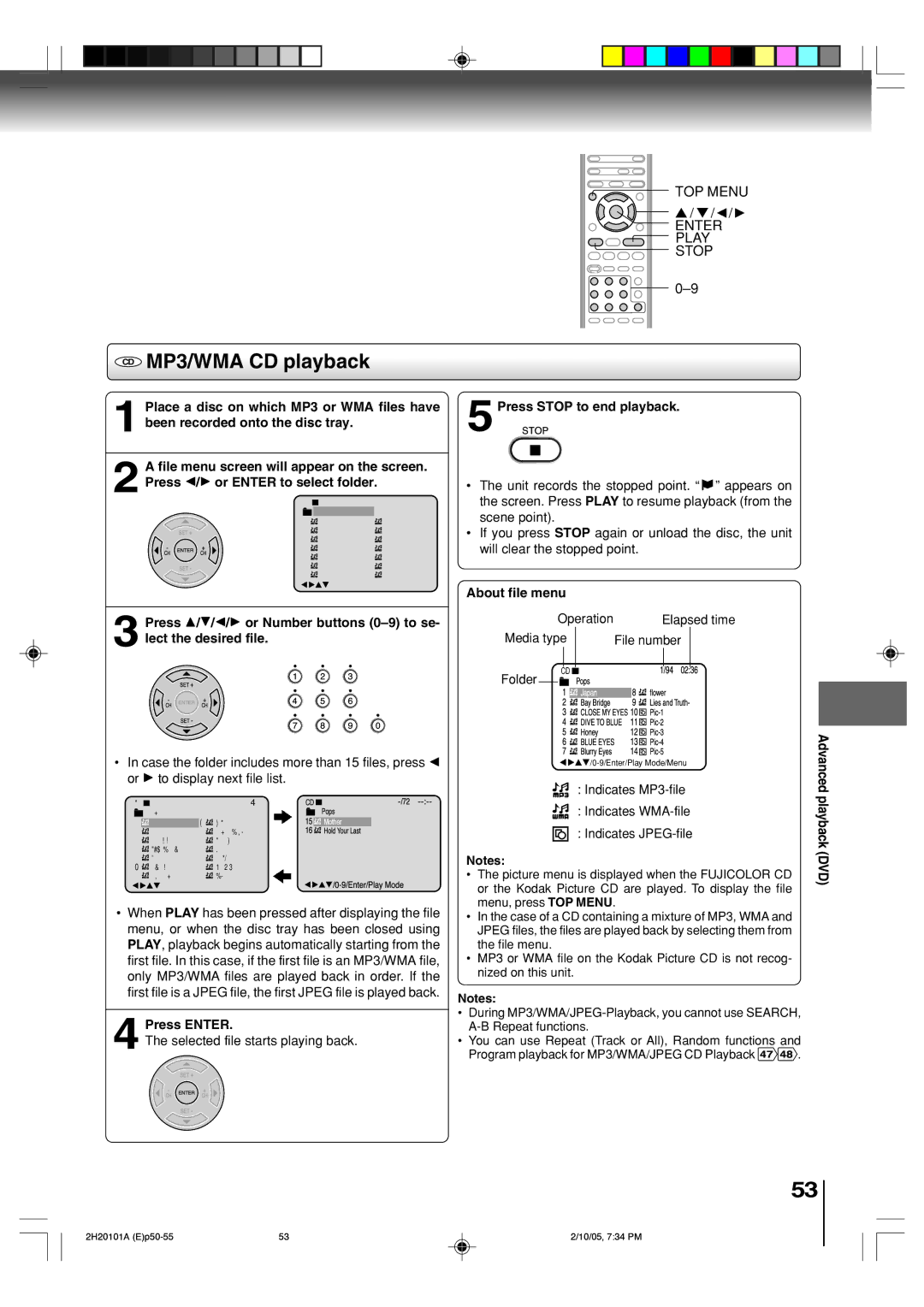 Toshiba SD-V393SU manual CD MP3/WMA CD playback, 5Press Stop to end playback, About file menu, Advanced 