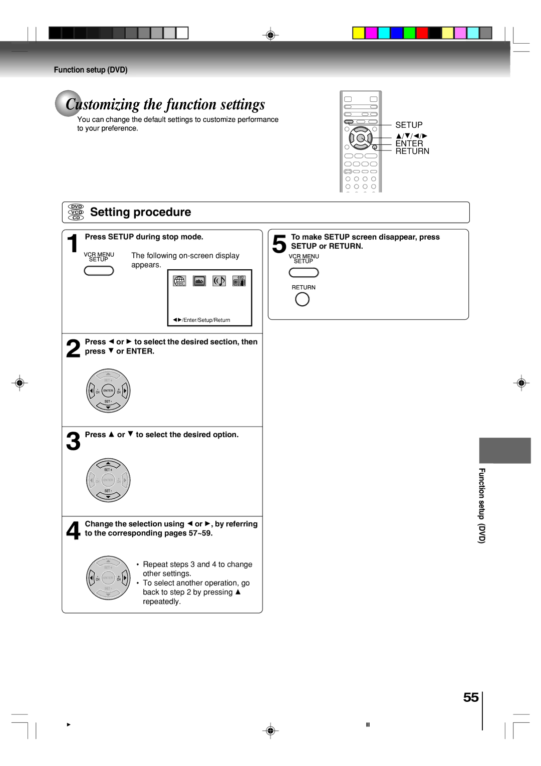 Toshiba SD-V393SU manual Customizing the function settings, Setting procedure, Function setup DVD 