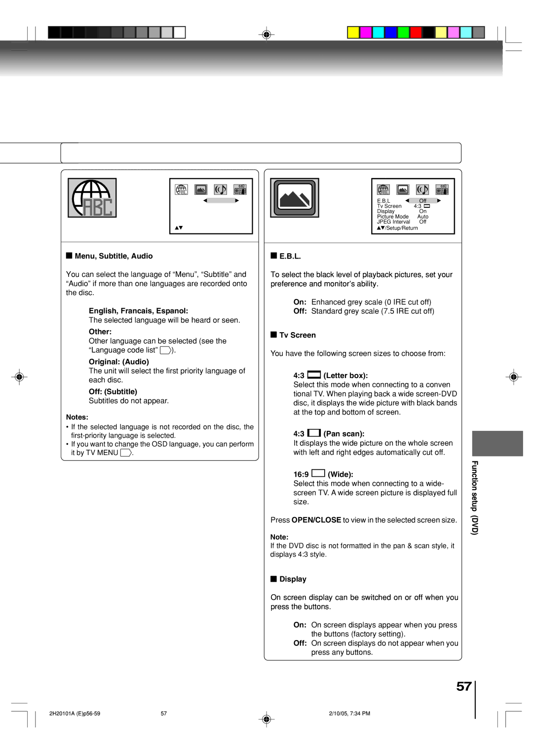 Toshiba SD-V393SU Menu, Subtitle, Audio, English, Francais, Espanol, Original Audio, Off Subtitle, Tv Screen, Letter box 