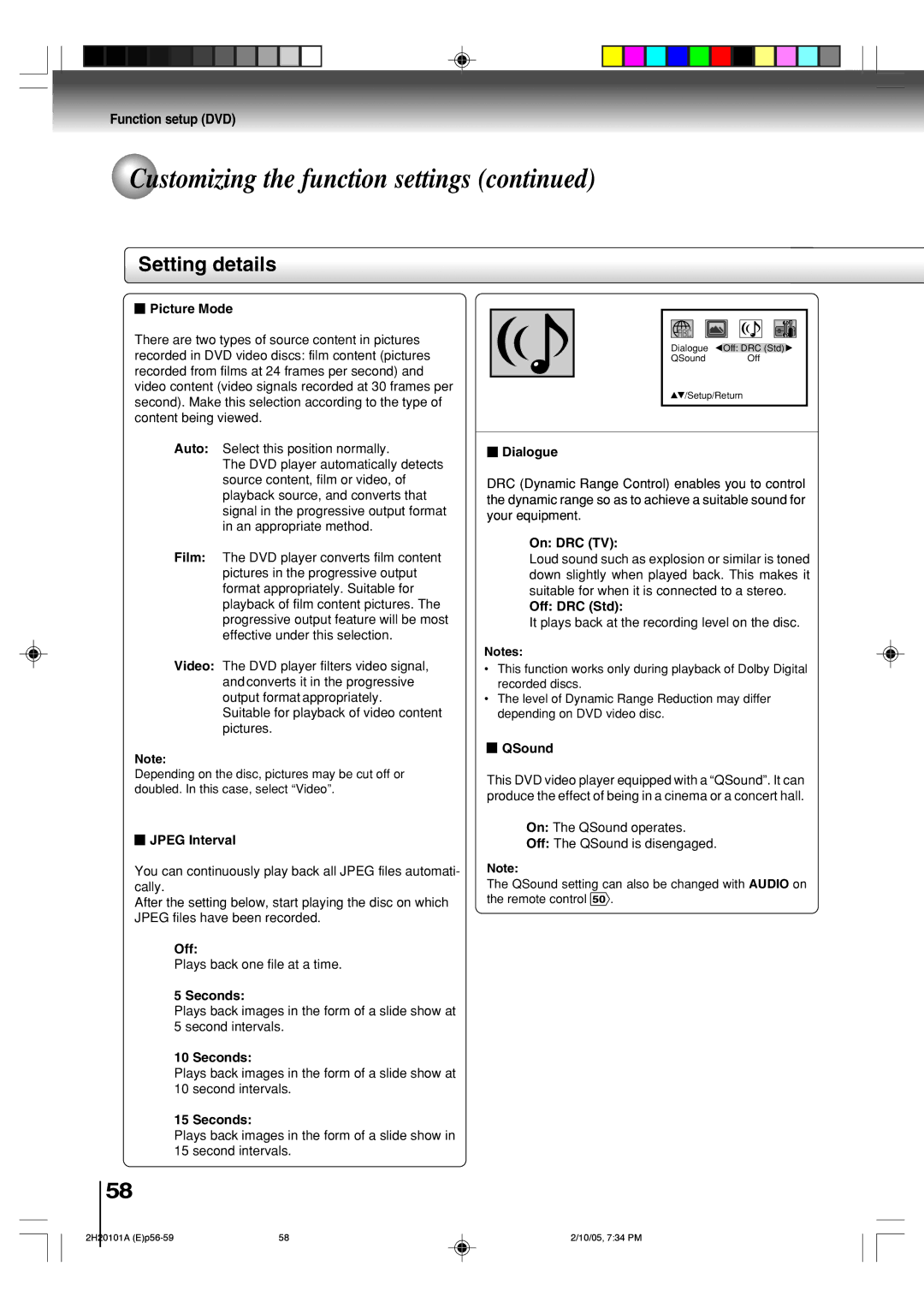 Toshiba SD-V393SU manual Picture Mode, Jpeg Interval, Seconds, Dialogue, On DRC TV, Off DRC Std, QSound 