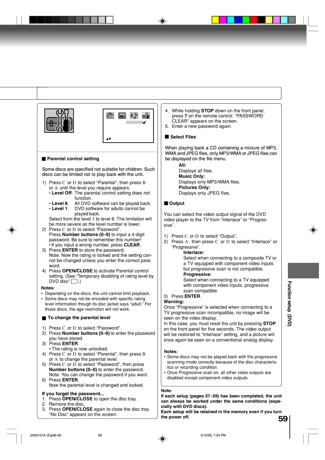 Toshiba SD-V393SU Parental control setting, To change the parental level, If you forget the password, Select Files, All 