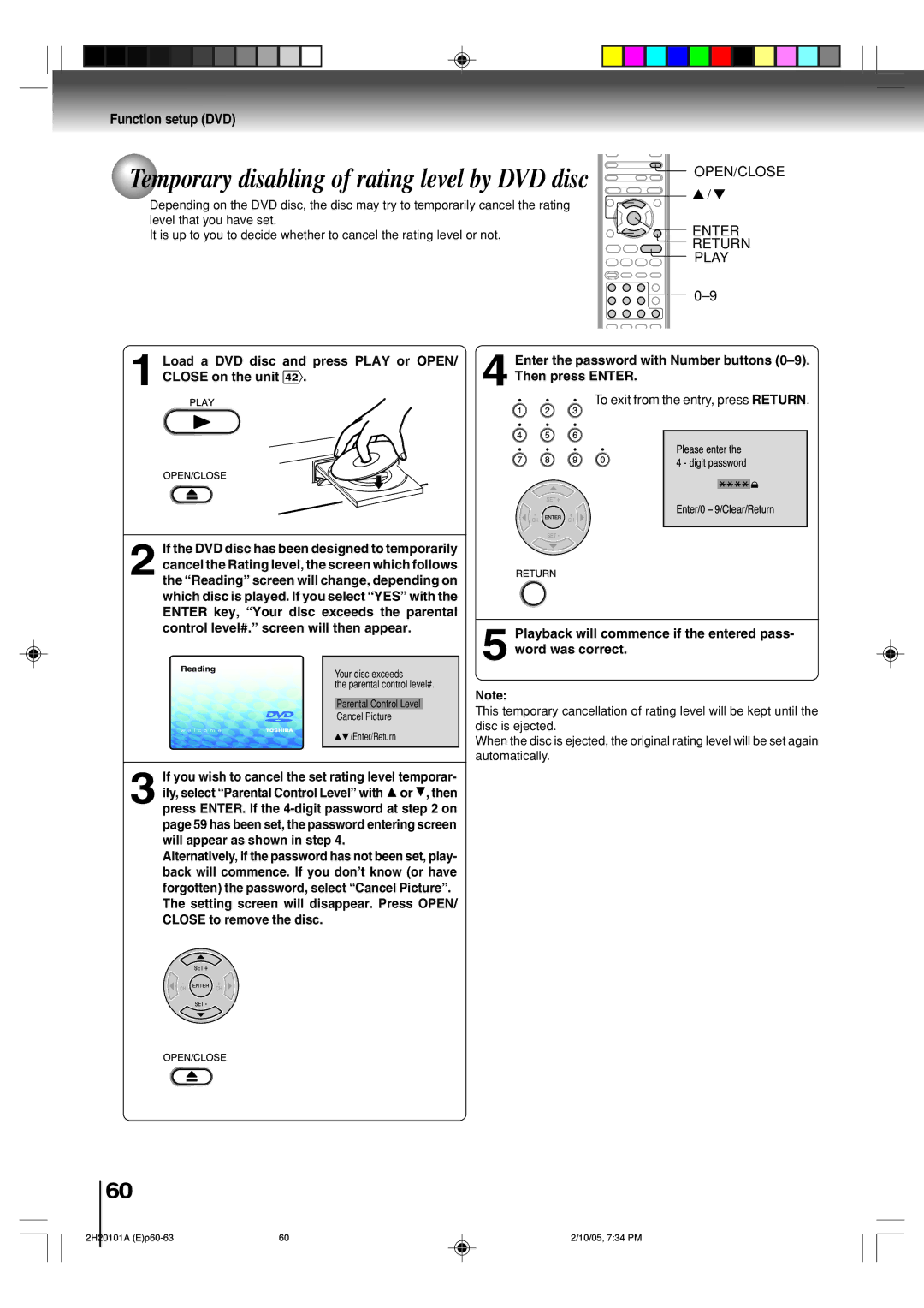 Toshiba SD-V393SU manual Temporary disabling of rating level by DVD disc, Level that you have set, Word was correct 