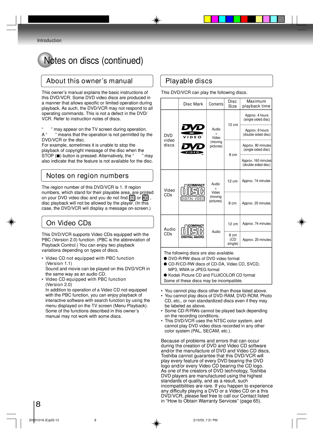 Toshiba SD-V393SU About this ownerÕs manual, On Video CDs, Playable discs 