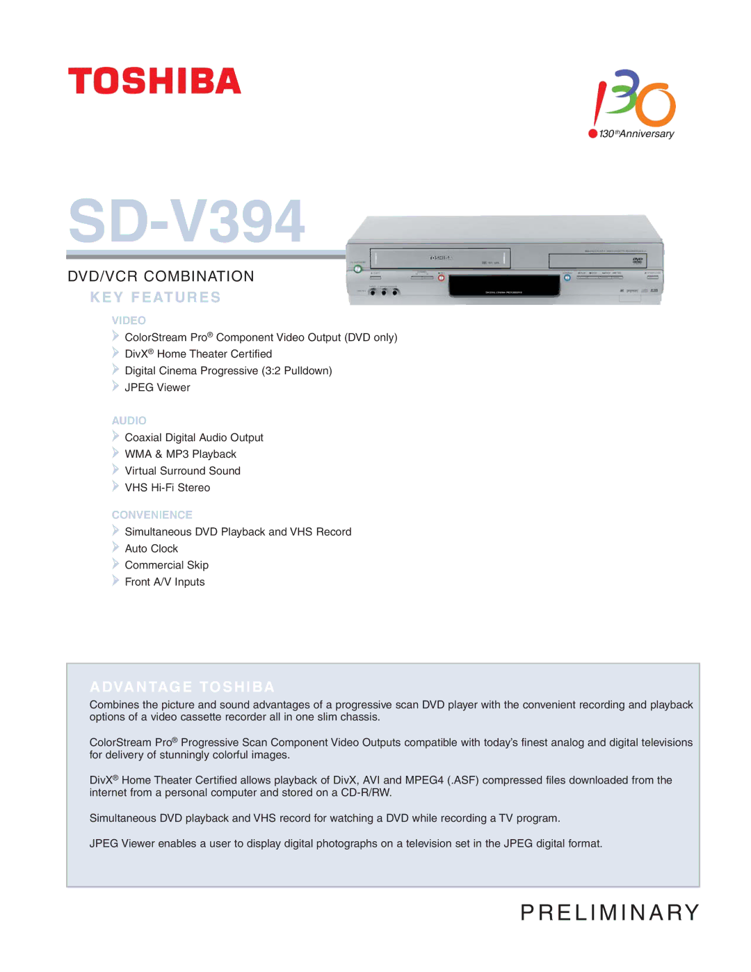 Toshiba SD-V394 manual KEY Features 