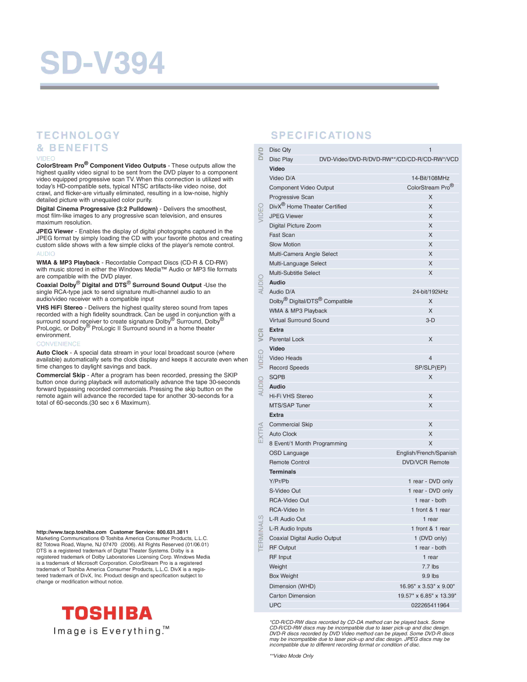 Toshiba SD-V394 manual Technology & Benefits, Specifications 