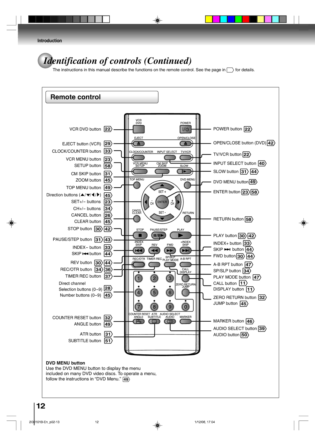 Toshiba SD-V394SU owner manual Remote control, DVD Menu button 