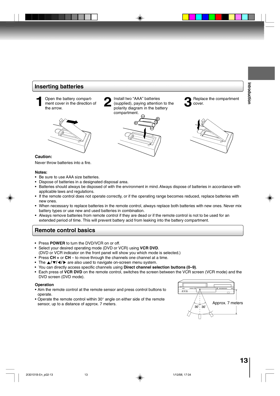 Toshiba SD-V394SU owner manual Inserting batteries, Operation 