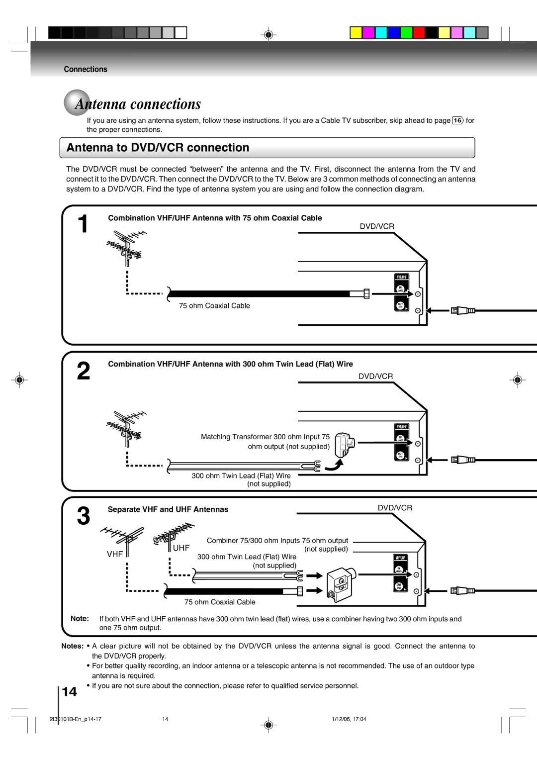 Toshiba SD-V394SU owner manual Antenna connections, Antenna to DVD/VCR connection, Connections, Dvd/Vcr 