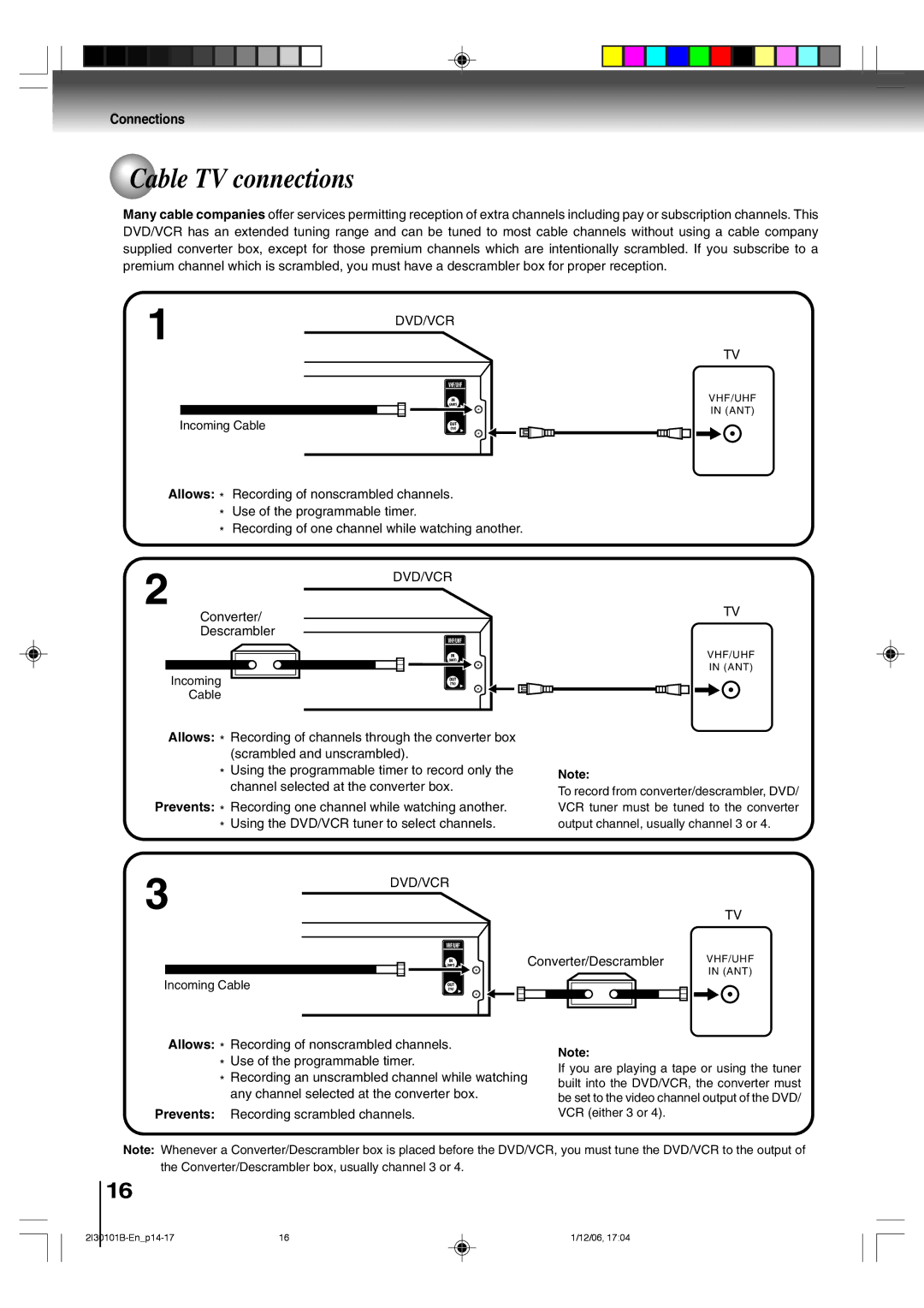 Toshiba SD-V394SU owner manual Cable TV connections, Converter/Descrambler 