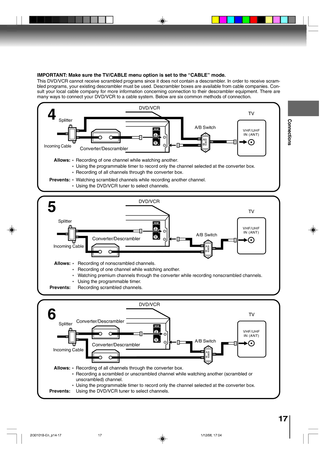 Toshiba SD-V394SU owner manual Splitter Incoming Cable Converter/Descrambler Switch, Connections Allows Prevents 