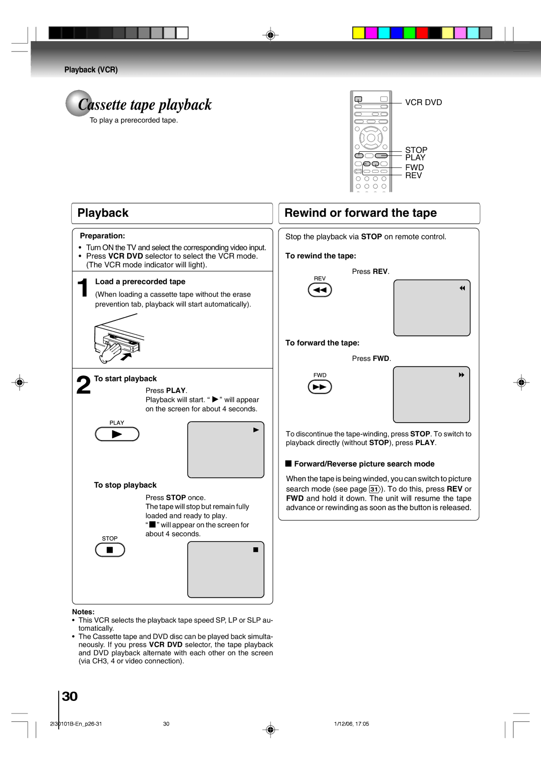 Toshiba SD-V394SU owner manual Cassette tape playback, Playback, Rewind or forward the tape 