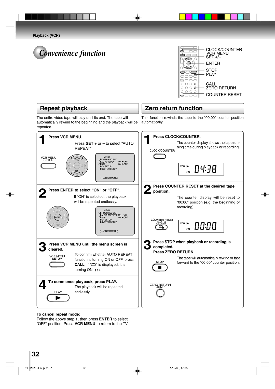 Toshiba SD-V394SU owner manual Convenience function, Repeat playback Zero return function 