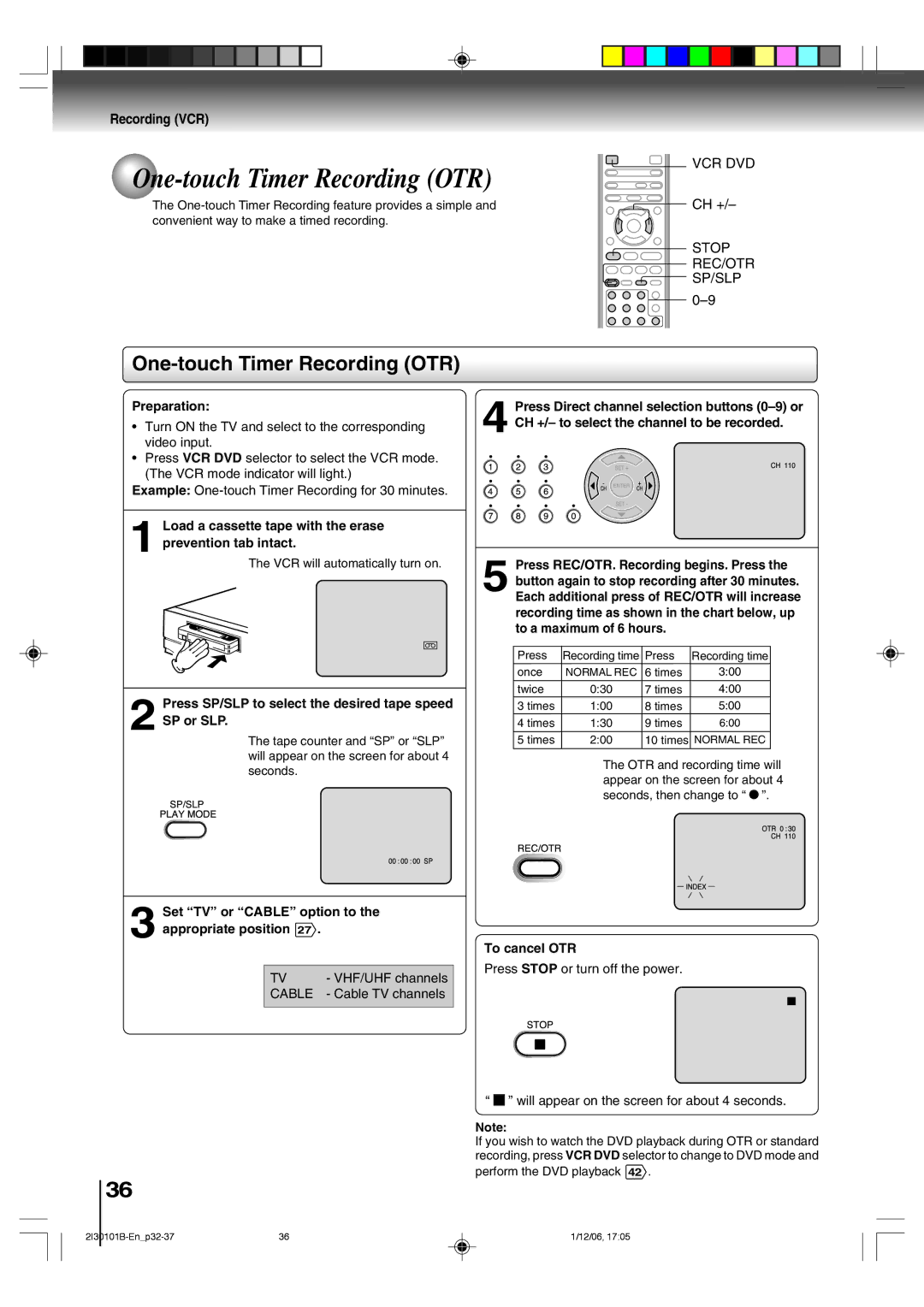 Toshiba SD-V394SU One-touch Timer Recording OTR, Set TV or Cable option to, Appropriate position, To cancel OTR 