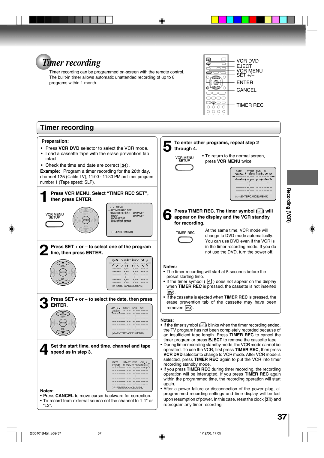 Toshiba SD-V394SU owner manual Timer recording, Press Cancel to move cursor backward for correction 