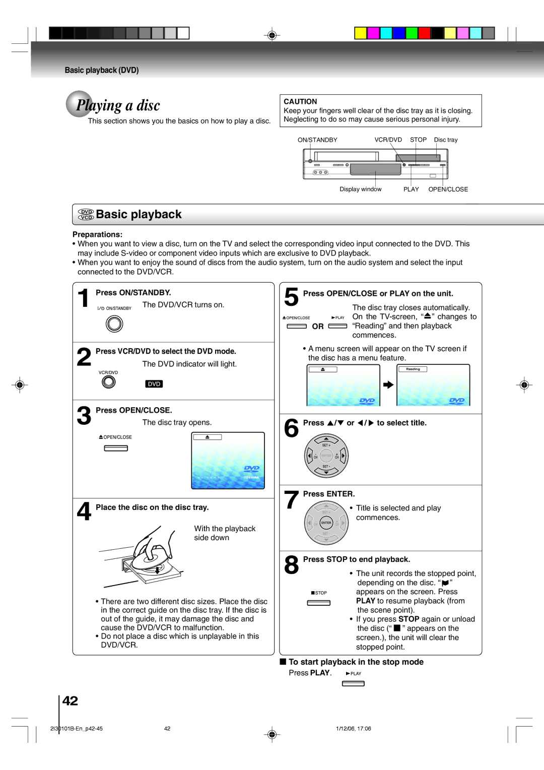 Toshiba SD-V394SU Playing a disc, Vcddvd Basic playback, Basic playback DVD, To start playback in the stop mode 