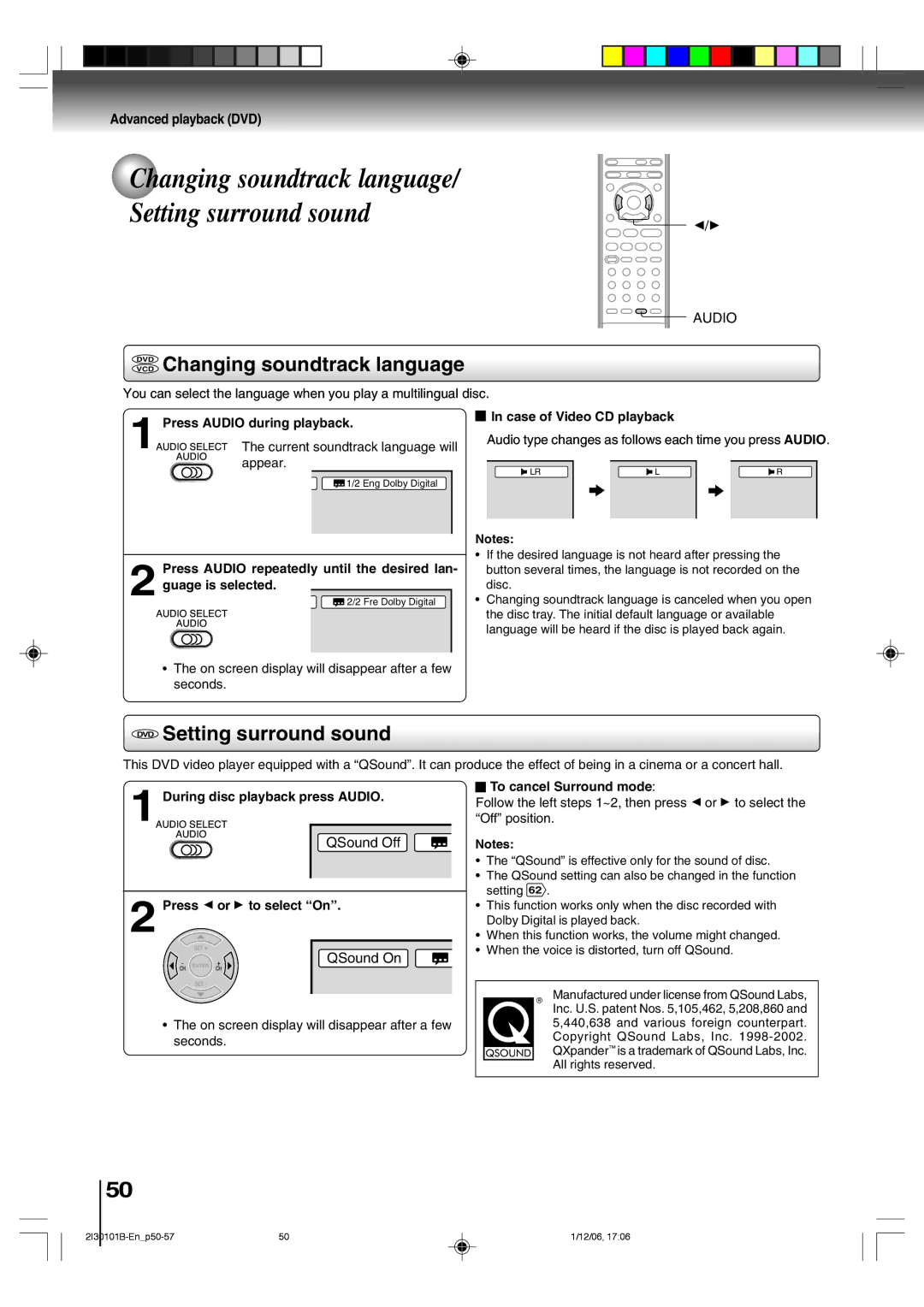 Toshiba SD-V394SU owner manual Changing soundtrack language Setting surround sound, DVD Changing soundtrack language 