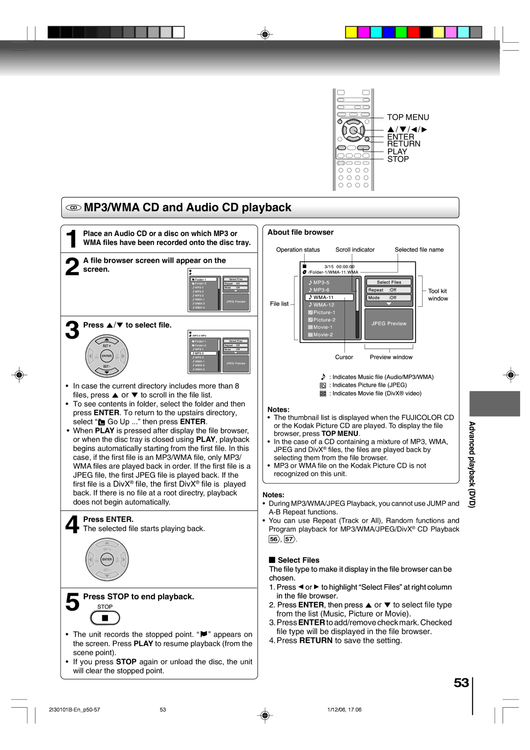 Toshiba SD-V394SU CD MP3/WMA CD and Audio CD playback, Press Stop to end playback, File browser screen will appear on 