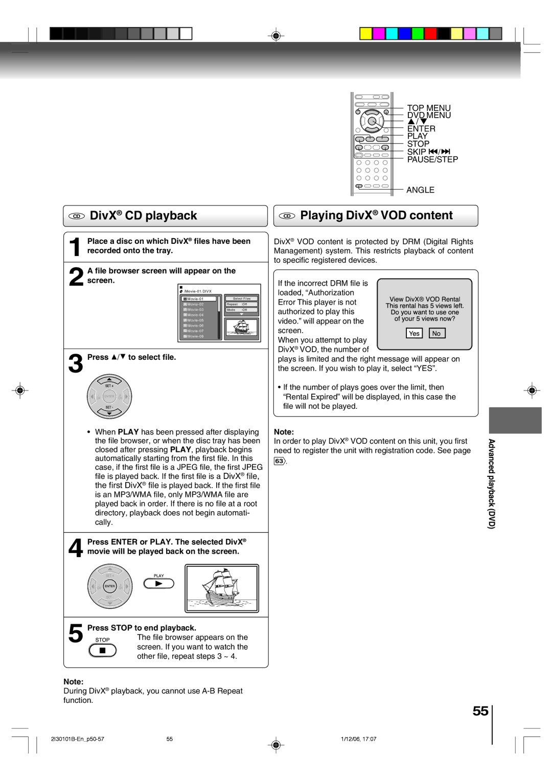 Toshiba SD-V394SU CD DivX CD playback CD Playing DivX VOD content, Pause/Step, Press C/D to select file, PlaybackDVD 