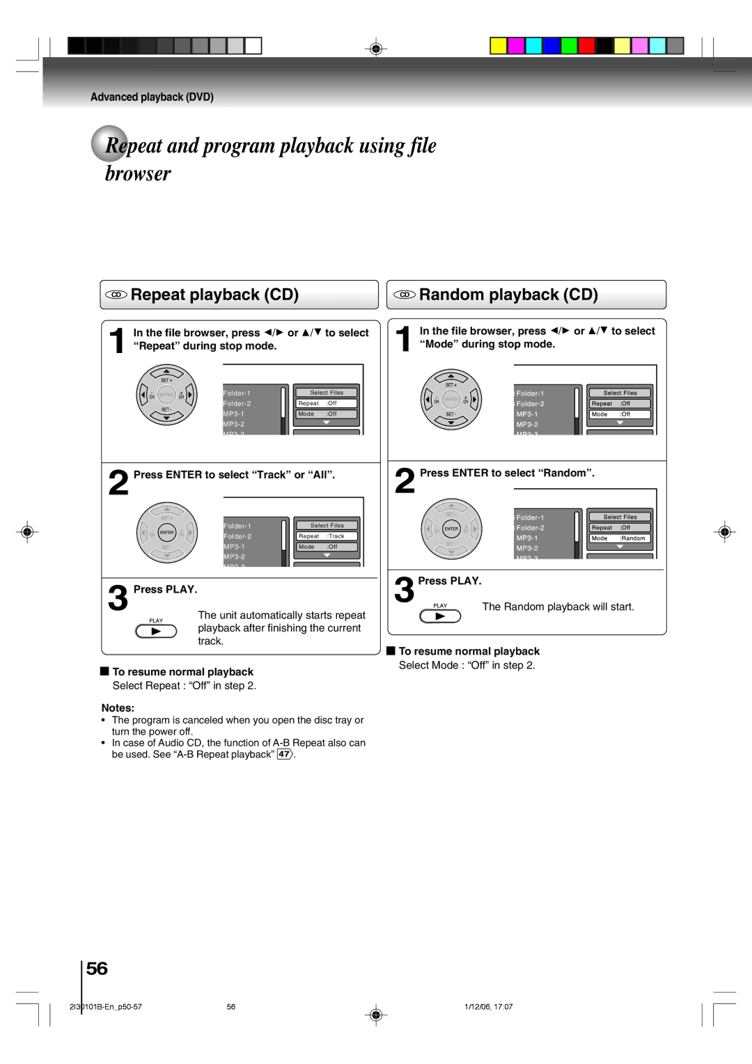 Toshiba SD-V394SU Repeat and program playback using file browser, CD Repeat playback CD CD Random playback CD, 3Press Play 