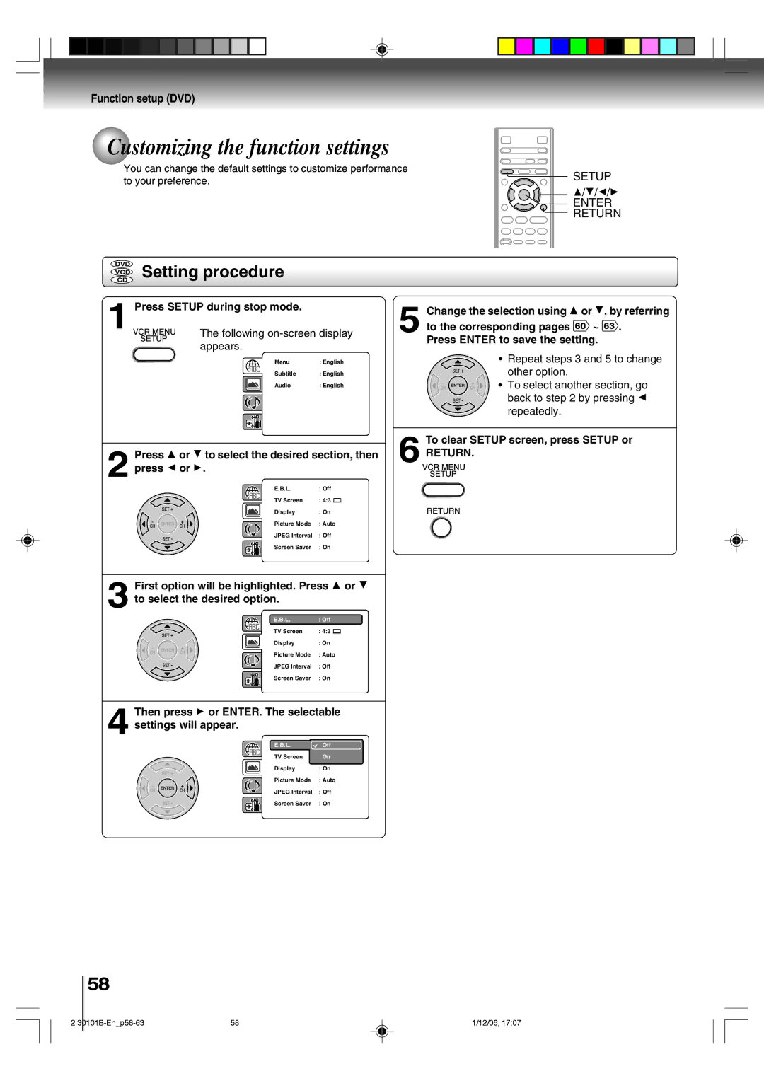 Toshiba SD-V394SU owner manual Customizing the function settings, VCD Setting procedure, Function setup DVD, Return 