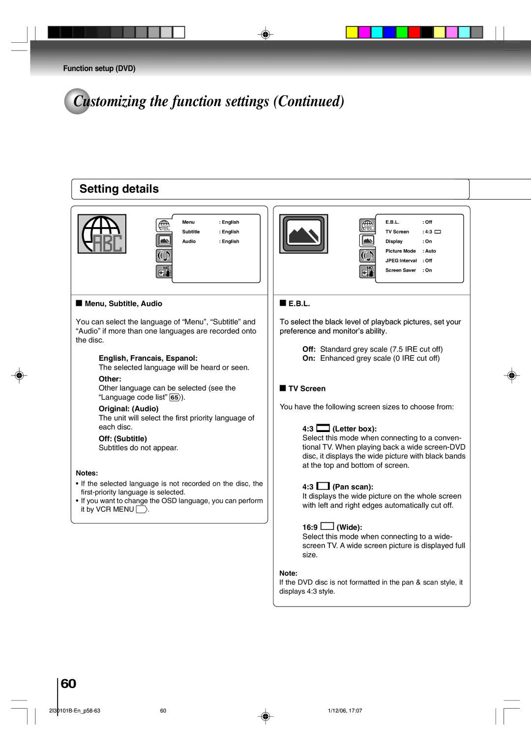 Toshiba SD-V394SU Menu, Subtitle, Audio, English, Francais, Espanol, Original Audio, Off Subtitle, TV Screen, Letter box 