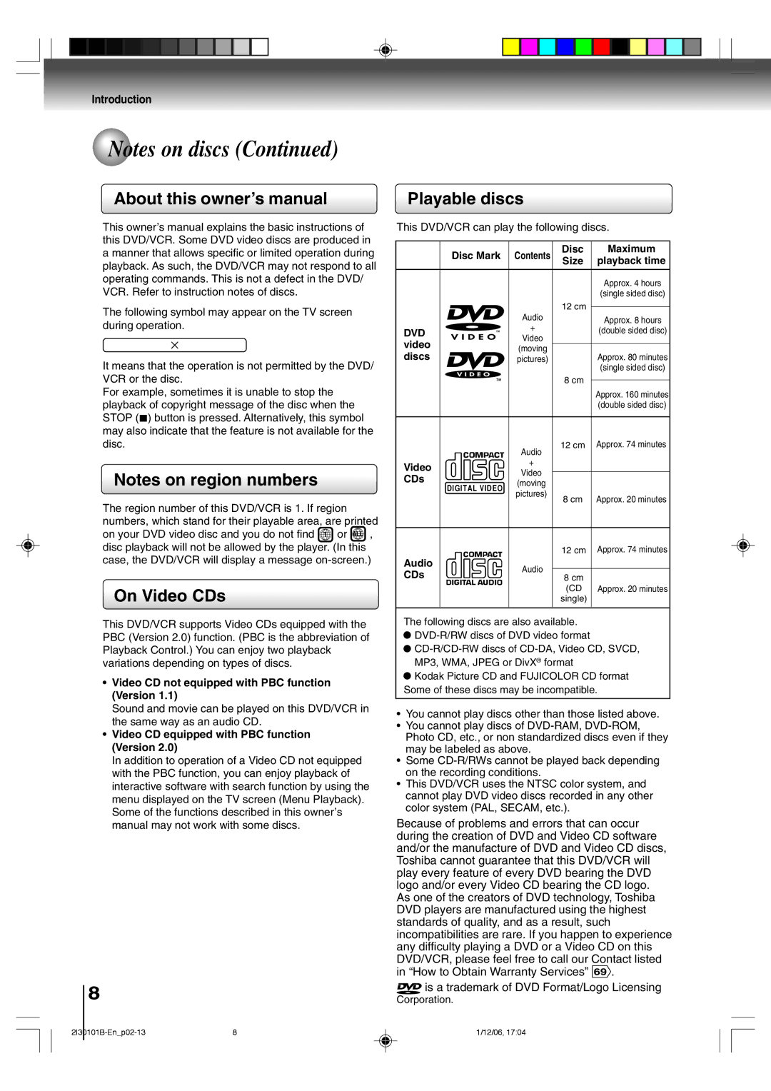 Toshiba SD-V394SU owner manual On Video CDs, Playable discs, Dvd 