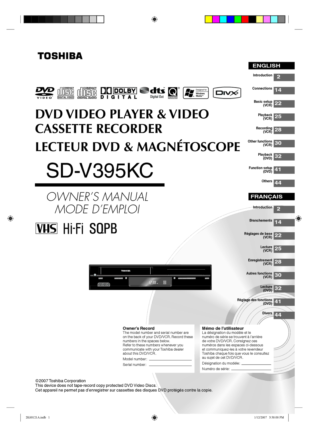 Toshiba SD-V395KC owner manual Owner’s Record Mémo de l’utilisateur 