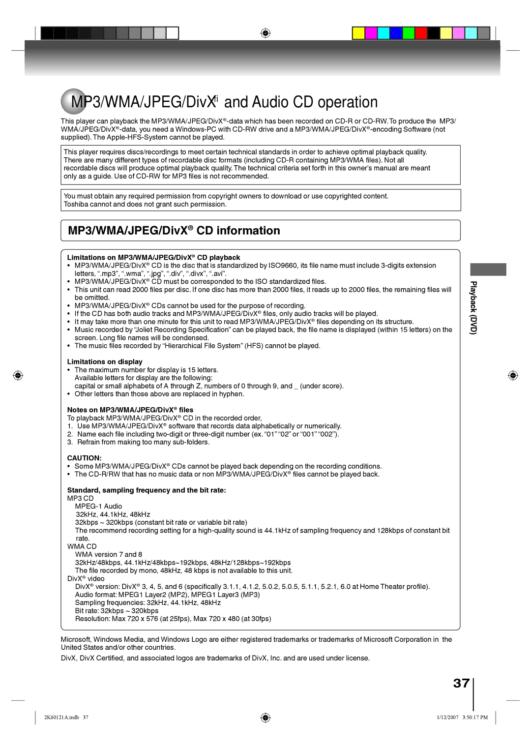 Toshiba SD-V395KC owner manual MP3/WMA/JPEG/DivX and Audio CD operation, MP3/WMA/JPEG/DivX CD information 