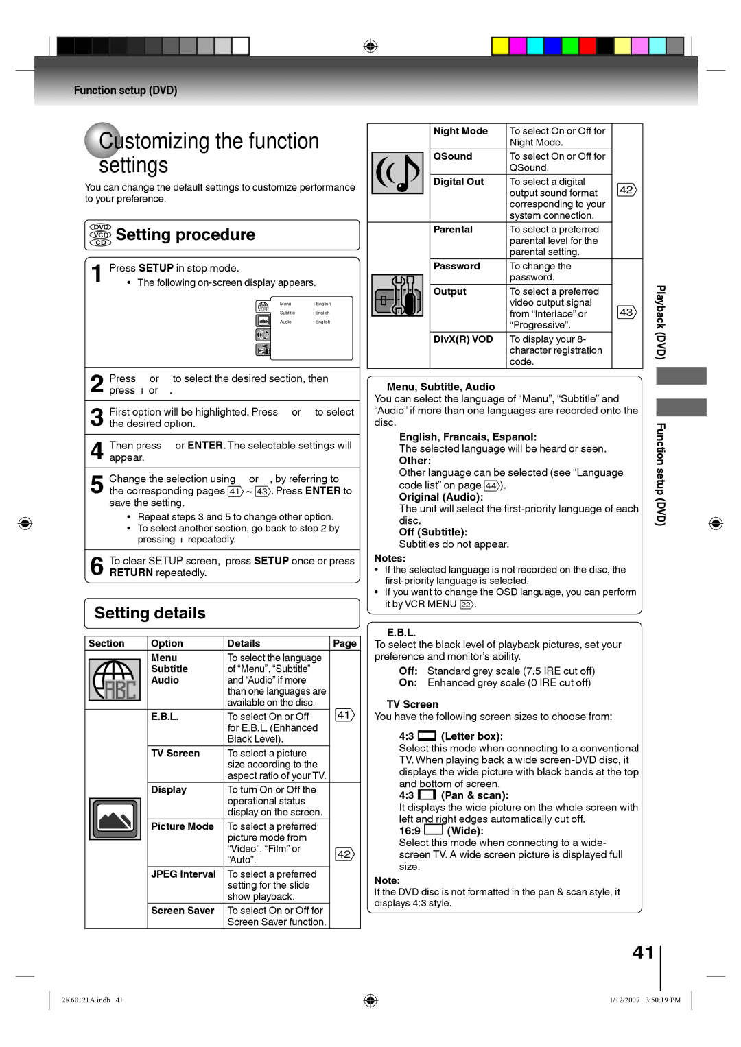 Toshiba SD-V395KC owner manual Customizing the function settings, Setting procedure, Setting details 