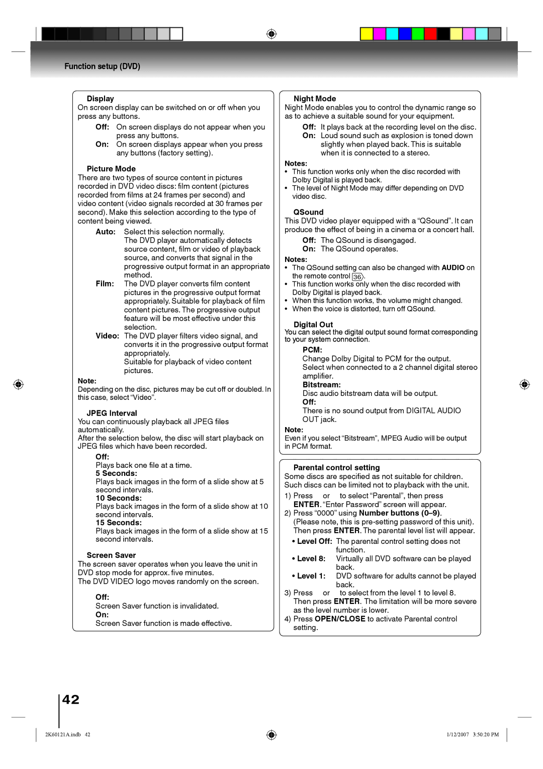 Toshiba SD-V395KC owner manual Off, Seconds, Pcm, Bitstream, Parental control setting 