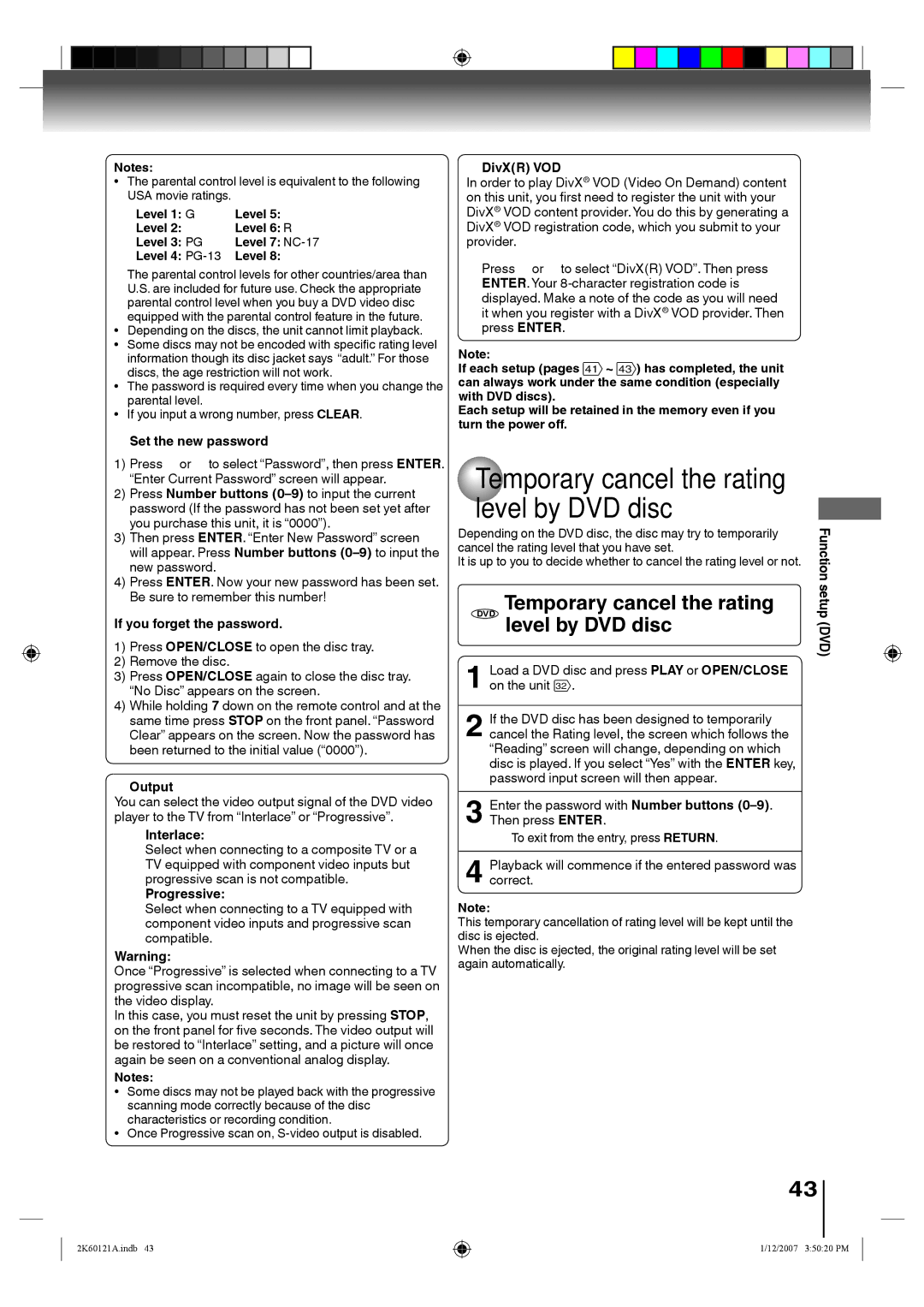 Toshiba SD-V395KC Temporary cancel the rating level by DVD disc, Temporary cancel the rating DVD level by DVD disc 