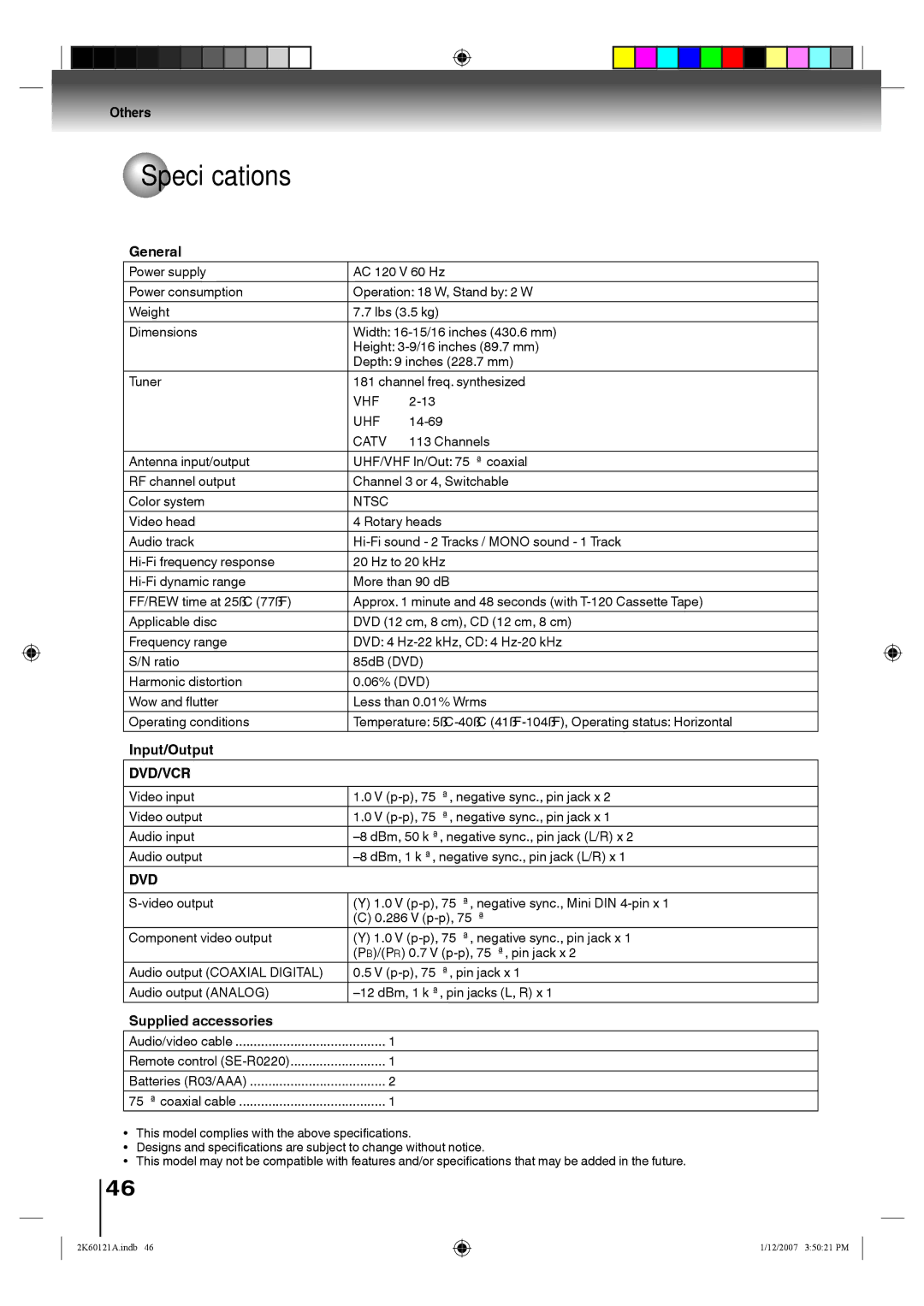 Toshiba SD-V395KC owner manual Speciﬁcations, Catv, Channels, Ntsc 