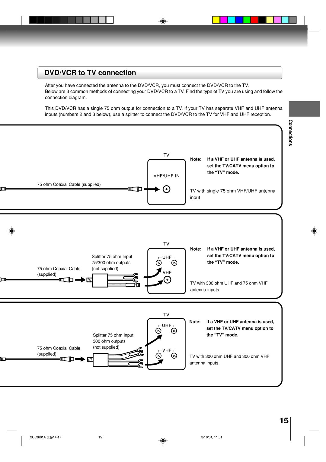 Toshiba SD-V396SU owner manual DVD/VCR to TV connection, Connections, Set the TV/CATV menu option to TV mode 